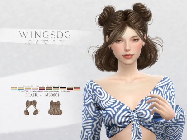Alpha WINGS HAIR Double hair bun with curly hair by wingssims - The Sims 4 Custom Content