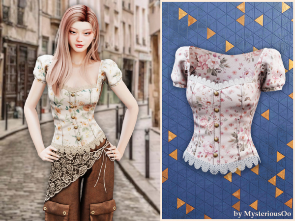 Alpha Floral puff sleeve blouse with lace by MysteriousOo - The Sims 4 Custom Content