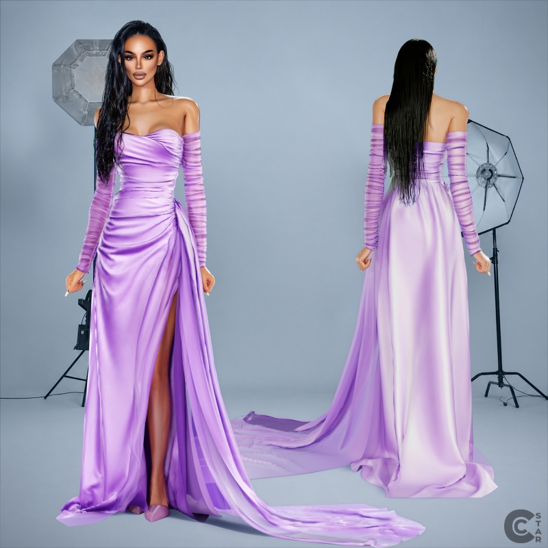 Alpha Off Shoulder Draped Tulle HighSlit Gown by cool_content_star - The Sims 4 Custom Content