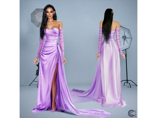 Alpha Off Shoulder Draped Tulle HighSlit Gown - The Sims 4 Custom Content