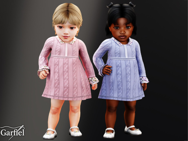 Alpha Infant Cozy cable knit dress with floral trim accents by Garfiel - The Sims 4 Custom Content