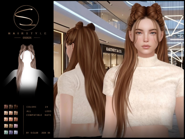 Alpha S CLUB Long straight buns hairstyle Club by S - The Sims 4 Custom Content