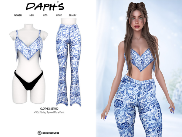Alpha Daph's V Cut Paisley Top and Flare Pants - The Sims 4 Custom Content