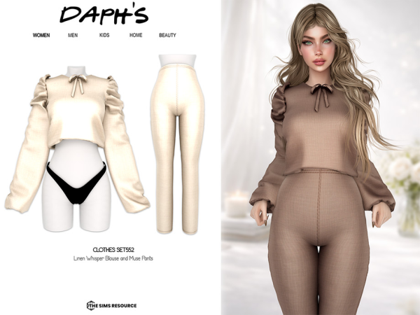 Alpha Daph's Linen Whisper Blouse and Muse Pants - The Sims 4 Custom Content