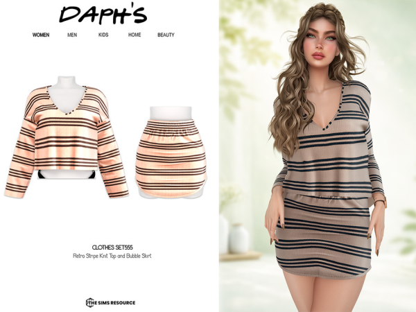 Alpha Daph's Retro Stripe Knit Top and Bubble Skirt - The Sims 4 Custom Content