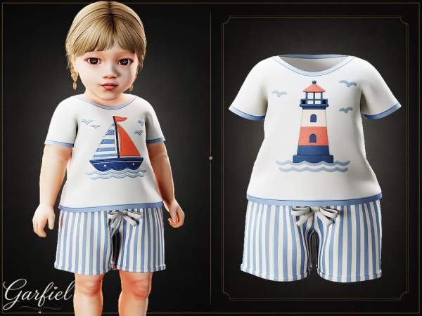 Alpha Infant Cozy nautical outfit with lighthouse print and striped shorts by Garfiel - The Sims 4 Custom Content