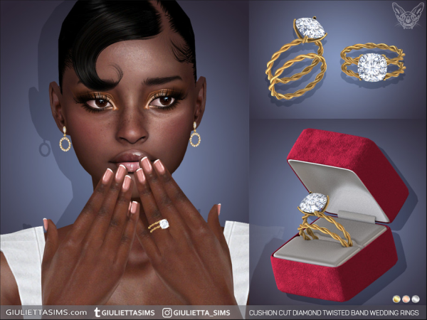 Alpha Cushion Cut Diamond Twisted Band Engagement And Wedding Rings Set by feyona - The Sims 4 Custom Content