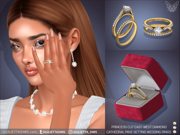 Alpha Princess Cut East West Diamond Cathedral Pave Setting Engagement And Wedding Rings by feyona - The Sims 4 Custom Content