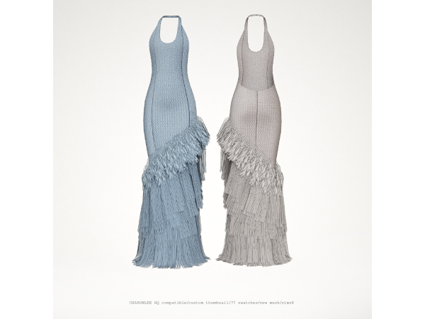 Alpha Fringe Feather Halter Gown by charonlee - The Sims 4 Custom Content