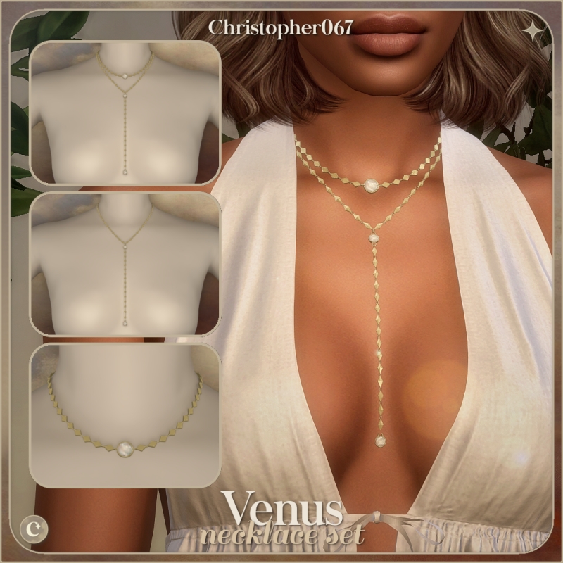 Alpha Venus Necklace Set Mother of Pearl Pendant Lariat Layered Necklaces by christopher067 - The Sims 4 Custom Content