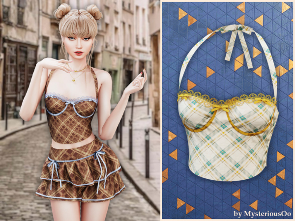 Alpha Plaid lace trim bustier top by MysteriousOo - The Sims 4 Custom Content