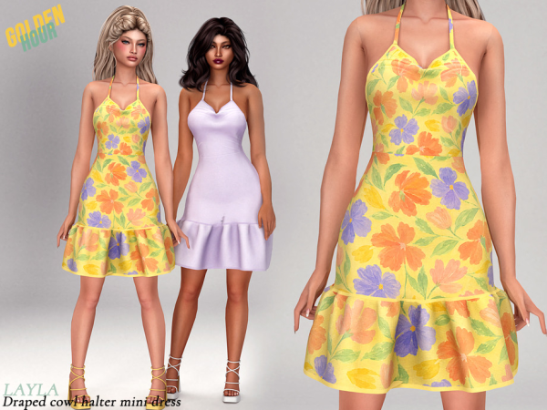 Alpha tsr Layla Female draped cowl halter mini dress - The Sims 4 Custom Content