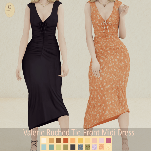 Maxis Match Valerie Ruched Tie Front Midi Dress by simsfinds - The Sims 4 Custom Content