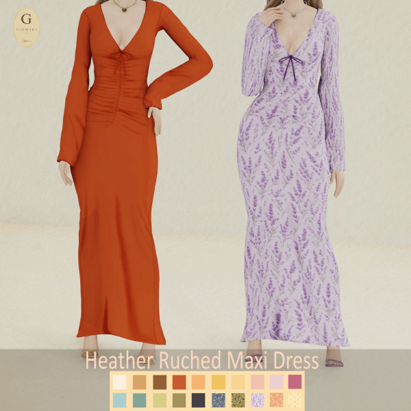 Maxis Match Heather Ruched Maxi Dress by simsfinds - The Sims 4 Custom Content