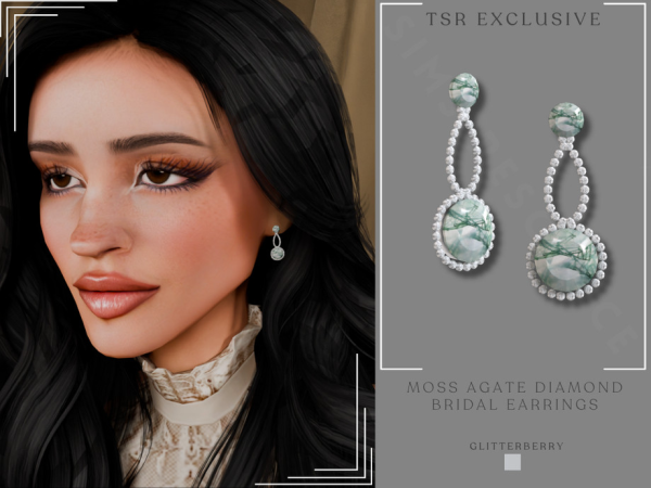 Alpha Moss Agate Diamond Bridal Earrings by Glitterberryfly - The Sims 4 Custom Content