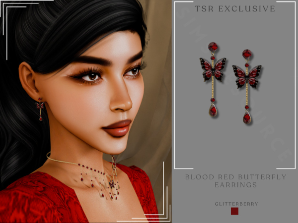 Alpha Blood Red Butterfly Statement Earrings by Glitterberryfly - The Sims 4 Custom Content