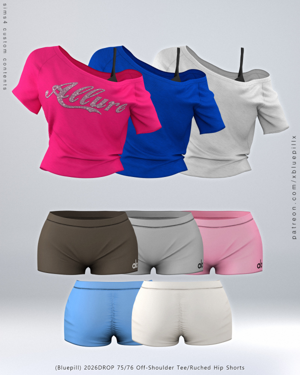 Alpha (Bluepill) 2026DROP 7576 Off Shoulder Tee Shorts by simsfinds - The Sims 4 Custom Content