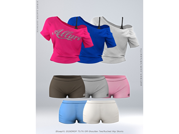 Alpha (Bluepill) 2026DROP 7576 Off Shoulder Tee Shorts - The Sims 4 Custom Content