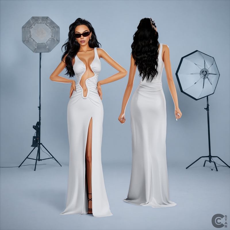 Alpha Asymmetrical Cutout HighSlit Maxi Dress by cool_content_star - The Sims 4 Custom Content
