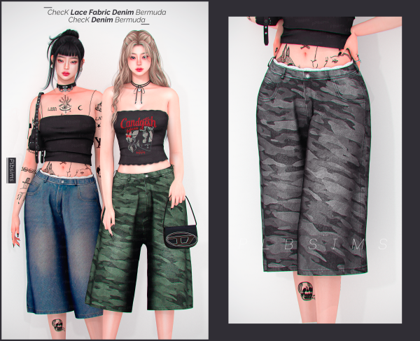 Alpha Check Lace Fabric Denim Bermuda by simsfinds - The Sims 4 Custom Content