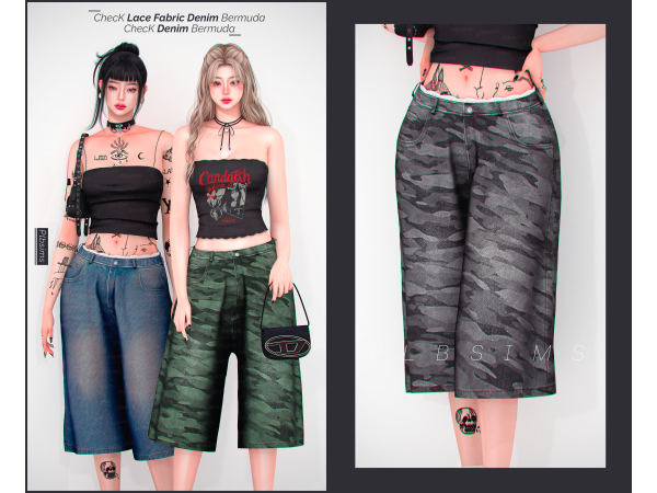 Check Lace Fabric Denim Bermuda by  Plbsims