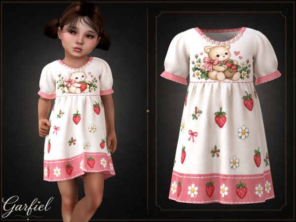 Alpha Toddler Sweet strawberry dress with cute character motif and floral trim by Garfiel - The Sims 4 Custom Content