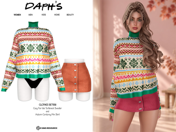 Alpha Daph's Cozy Fair Isle Turtleneck Sweater and Autumn Corduroy Mini Skirt - The Sims 4 Custom Content