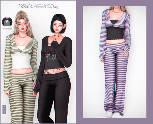 Alpha Tweak Long Sleeve Cropped Top Low Waist Wide Leg Pants by simsfinds - The Sims 4 Custom Content