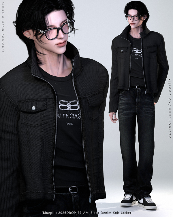 Alpha (Bluepill) 2026DROP_77 Black Denim Knit Jacket by simsfinds - The Sims 4 Custom Content