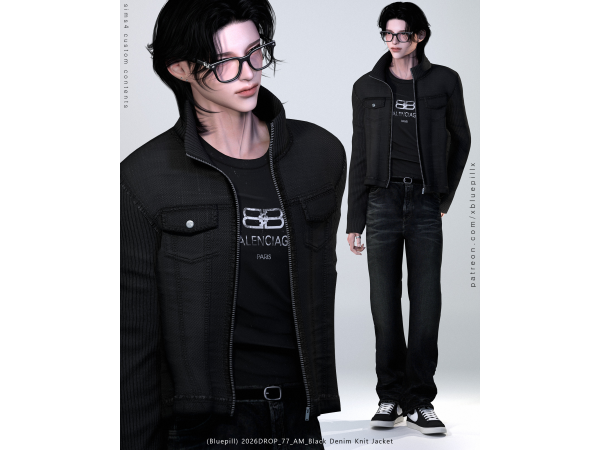 Alpha (Bluepill) 2026DROP_77 Black Denim Knit Jacket - The Sims 4 Custom Content