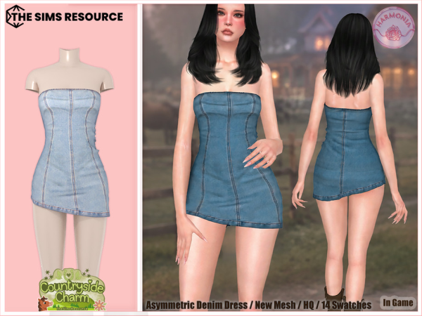 Alpha Countryside Charm Asymmetric Denim Dress - The Sims 4 Custom Content