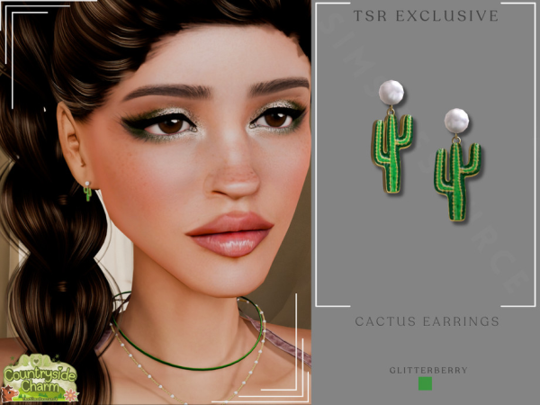 Alpha Countryside Charm Cactus Earrings by Glitterberryfly - The Sims 4 Custom Content