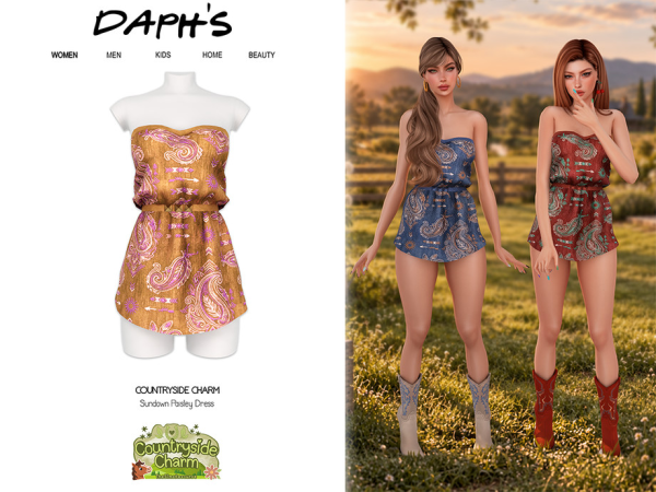 Alpha Daph's Countryside Charm Sundown Paisley Dress - The Sims 4 Custom Content