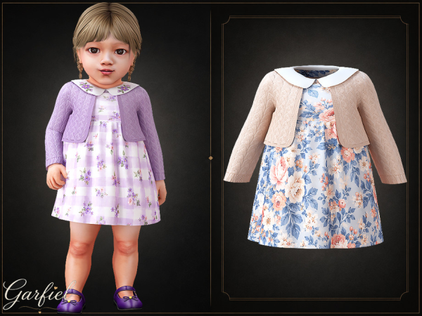 Alpha Infant Floral dress set with knit cardigan and sweet collar by Garfiel - The Sims 4 Custom Content