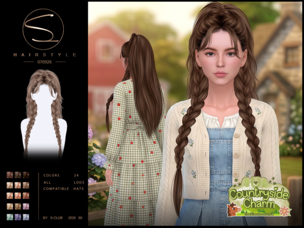 Alpha S CLUB Ponytail and double long braids hair Countryside Charm Club by S - The Sims 4 Custom Content