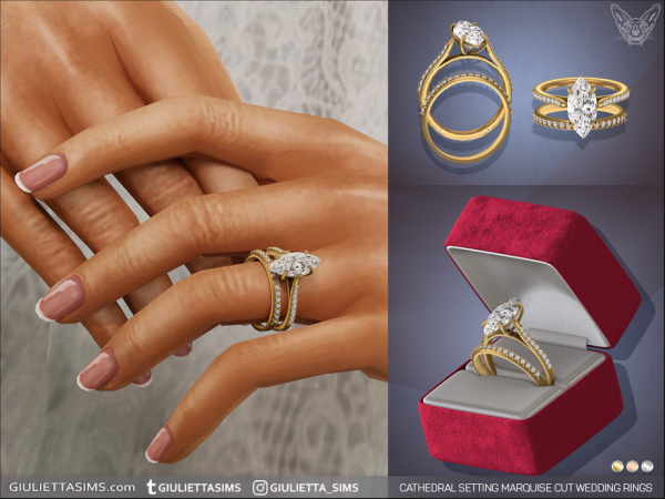 Alpha Cathedral Setting Marquise Cut Diamond Pave Engagement and Wedding Rings by feyona - The Sims 4 Custom Content