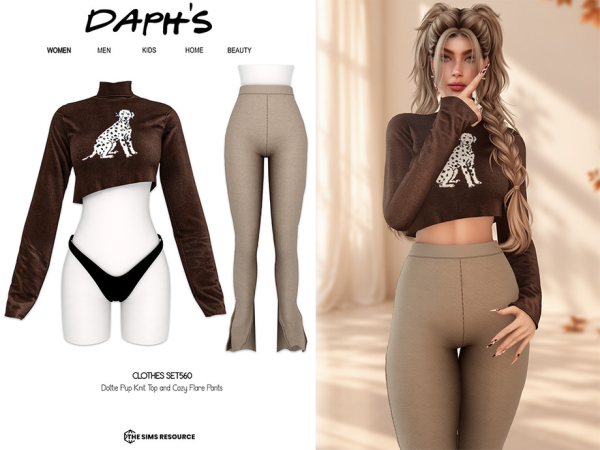Alpha Daph's Dottie Pup Knit Top and Cozy Flare Pants - The Sims 4 Custom Content