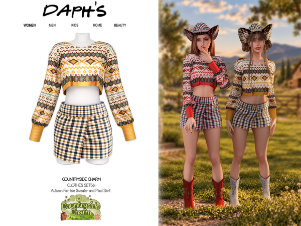 Alpha Daph's Countryside Charm Autumn Fair Isle Sweater and Plaid Skirt - The Sims 4 Custom Content