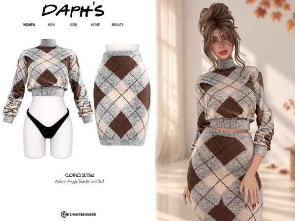 Alpha Daph's Autumn Argyle Sweater and Skirt - The Sims 4 Custom Content