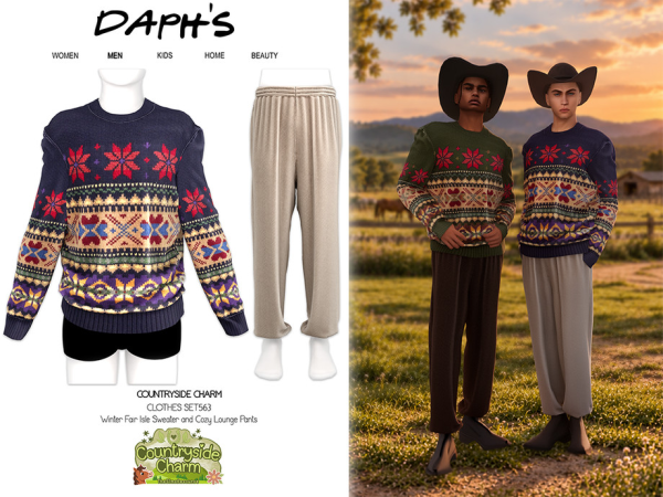 Alpha Daph's Countryside Charm Winter Fair Isle Sweater and Cozy Lounge Pants - The Sims 4 Custom Content