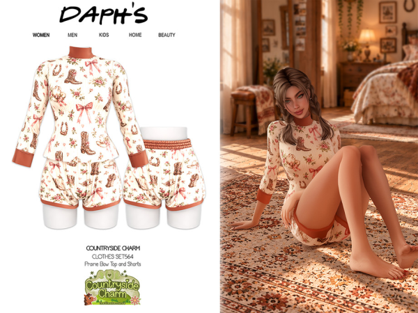 Alpha Daph's Countryside Charm Prairie Bow Top and Shorts - The Sims 4 Custom Content