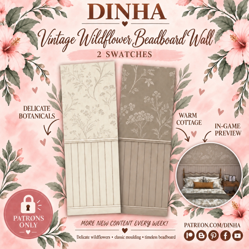 Alpha Vintage Wildflower Beadboard Wall by dinhagamer - The Sims 4 Custom Content