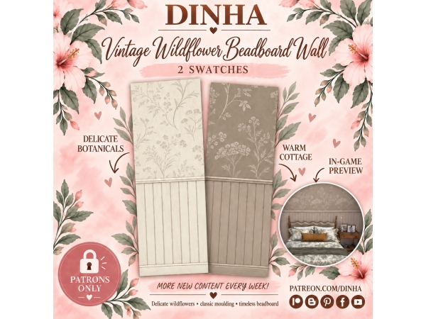 Alpha Vintage Wildflower Beadboard Wall - The Sims 4 Custom Content