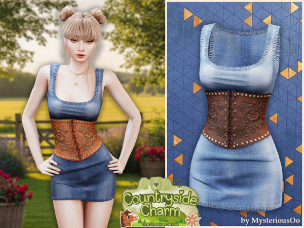 Alpha Countryside Charm Countryside corset denim dress by MysteriousOo - The Sims 4 Custom Content