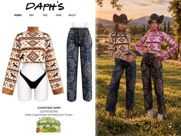 Alpha Daph's Countryside Charm Dakota Cropped Sweater and Paisley Denim Trousers - The Sims 4 Custom Content