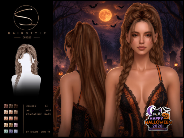 Sims 4 S-CLUB Ponytail and double long braids hair Happy Halloween by S-Club