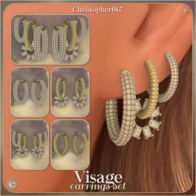 Alpha Visage Earrings Set Diamond Charm Hoops Earring Stack by christopher067 - The Sims 4 Custom Content
