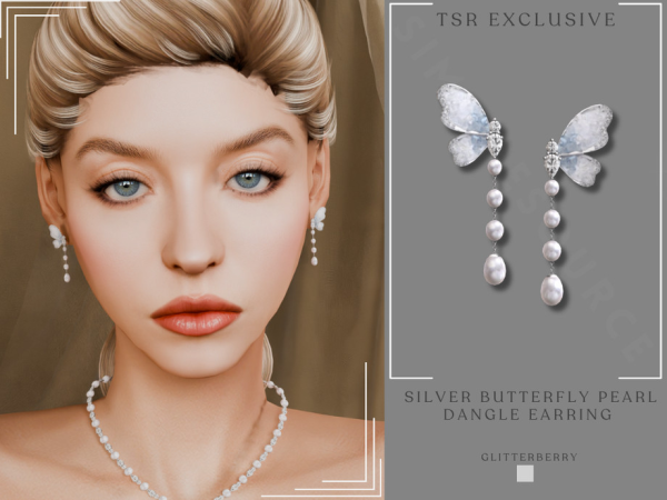 Sims 4 Silver Butterfly Pearl Dangle Earring by Glitterberryfly