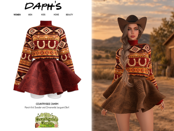Alpha Daph's Countryside Charm Ranch Knit Sweater and Ornamental Jacquard Skirt - The Sims 4 Custom Content