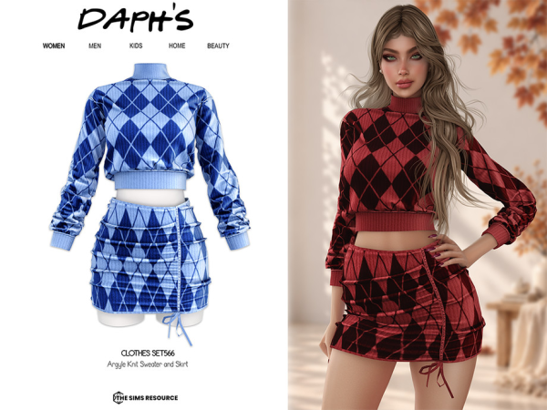 Sims 4 Daph's Argyle Knit Sweater and Skirt